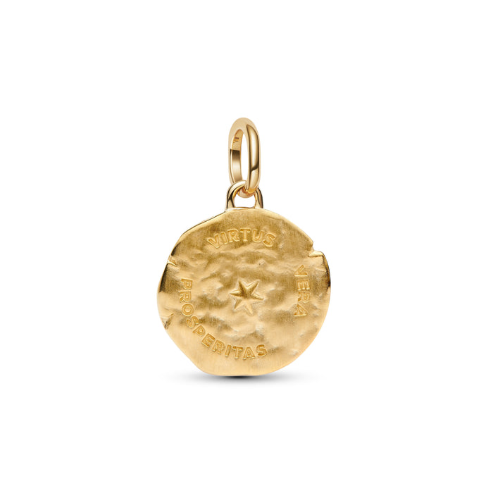 A gold coin pendant charm featuring a textured, hammered finish with an embossed five-pointed star in the center and the Latin phrases 'VIRTUS' and 'PROPERITAS' on the sides, complete with a polished gold bail at the top, shown on a clean white background.