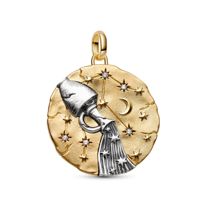 Pandora Aquarius Zodiac Oversized Medallion Charm 14k Gold Plating And Sterling Silver