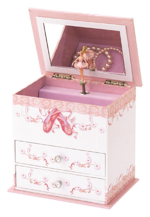 A pink and white ballerina-themed music box jewelry box with two drawers, decorated with ballet shoes and floral patterns, featuring a ballerina figurine and pearl necklace inside.