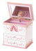 A pink and white ballerina-themed music box jewelry box with two drawers, decorated with ballet shoes and floral patterns, featuring a ballerina figurine and pearl necklace inside.