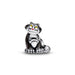 A small metallic cat charm or pendant in a sitting pose, with a polished silver-tone finish, black enamel sections, yellow eyes, and a tiny red nose, shown on a plain white background.