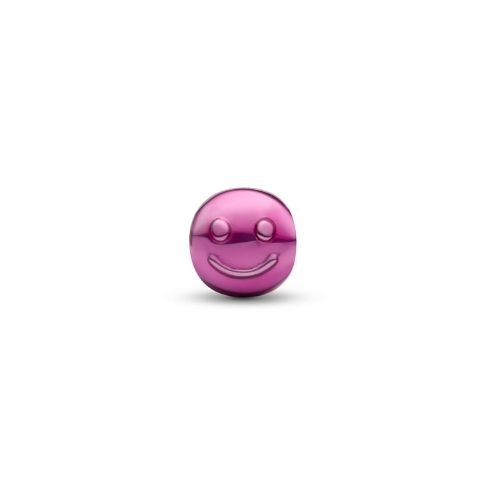 A small glossy metallic pink smiley face charm or bead centered on a plain white background.