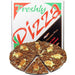 A novelty chocolate pizza shaped and decorated like a real pizza, shown in front of its branded retail box labeled 'Freshly Pizza Chocolate Pizza'. The product is photographed on a plain white background.