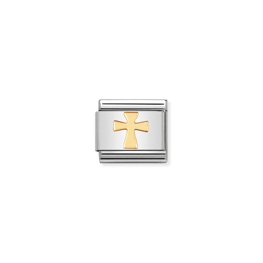 Silver and gold cross charm on a white background