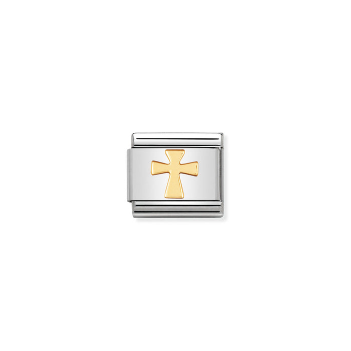 Silver and gold cross charm on a white background