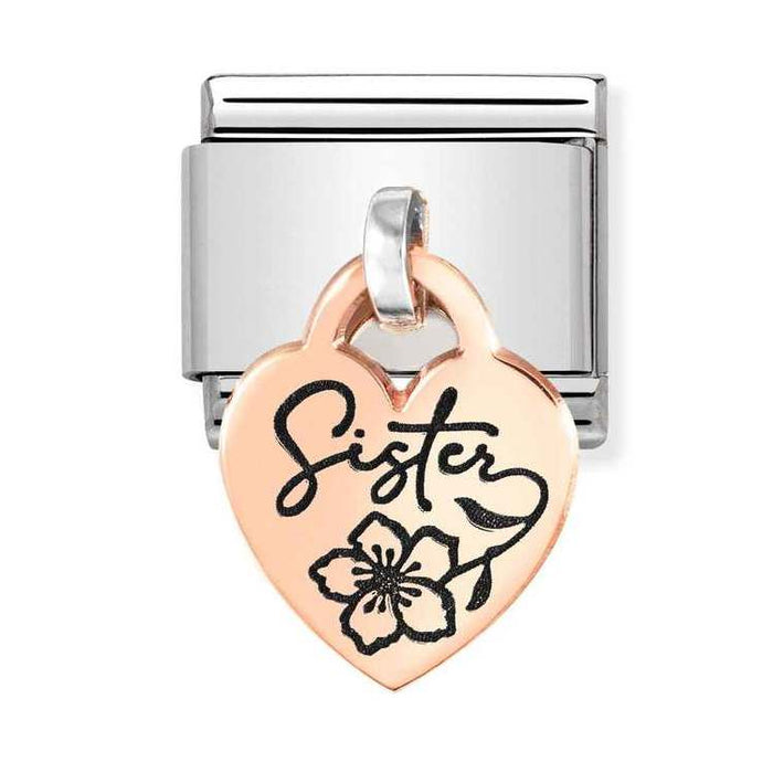 Nomination Classic Rose Gold Plates Sister With Flower Heart Pendant Charm