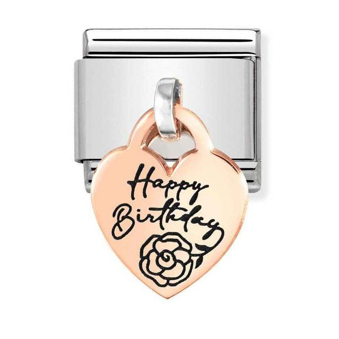 Nomination Classic Rose Gold Plates Happy Birthday With Flower Heart Pendant Charm