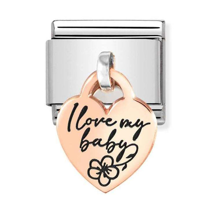 Nomination Classic Rose Gold Plates I Love My Baby With Flower Heart Pendant Charm