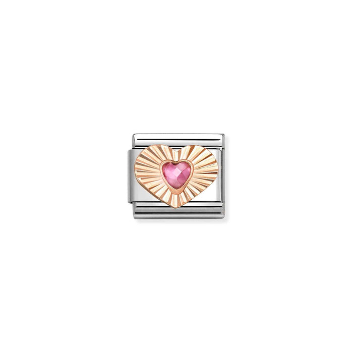 Nomination Classic Gold Plates Diamond Cut Heart With Pink Stone Charm