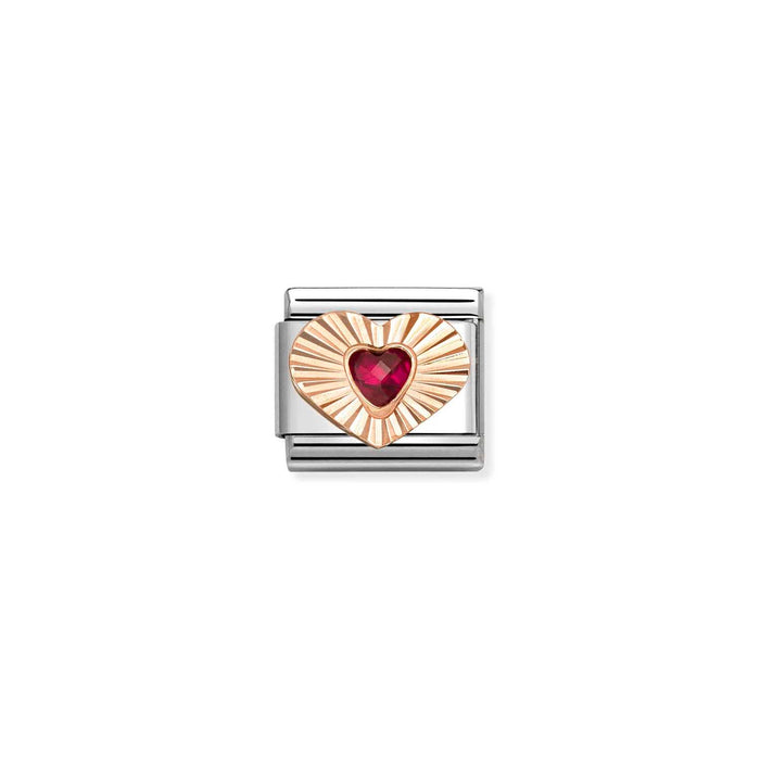 Nomination Classic Gold Plates Diamond Cut Heart With Red Stone Charm
