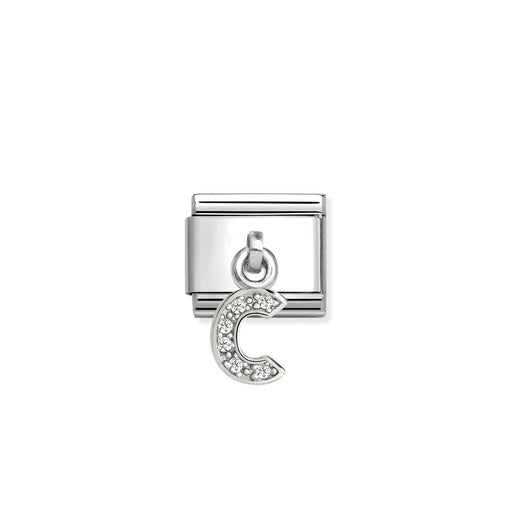 A silver-toned modular charm link featuring a dangling crescent moon charm embellished with small clear rhinestones, set against a plain white background.