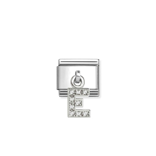 Silver charm with letter 'E' on a white background