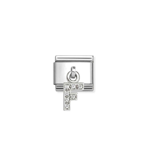 Silver charm with letter 'F' on a white background