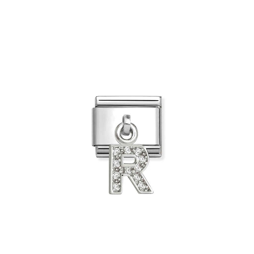 A silver-toned rectangular charm link with a dangling letter 'R' embellished with clear rhinestones, shown on a plain white background.