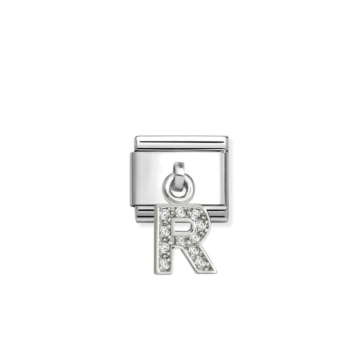 A silver-toned rectangular charm link with a dangling letter 'R' embellished with clear rhinestones, shown on a plain white background.