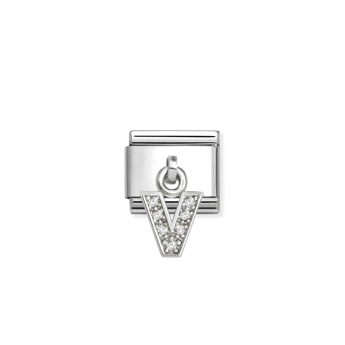 Nomination Classic Silver Letter V With White Crystal Charm