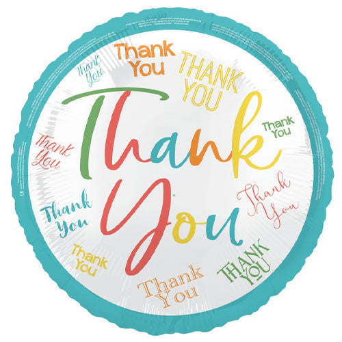 A round foil balloon with a scalloped edge, featuring the word 'Thank You' repeated in multiple colors on a white background with a turquoise border.