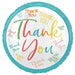 A round foil balloon with a scalloped edge, featuring the word 'Thank You' repeated in multiple colors on a white background with a turquoise border.