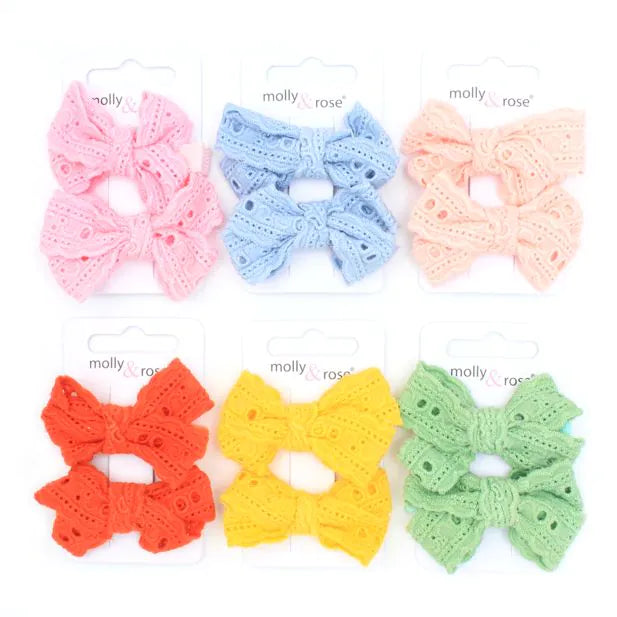Molly & Rose Pair 100% Cotton Broderie Anglaise Bow Clips