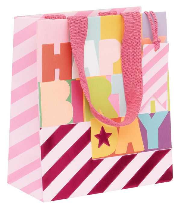 Colorful 'Happy Birthday' gift bag with pink stripes on a white background