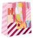 Colorful 'Happy Birthday' gift bag with pink stripes on a white background
