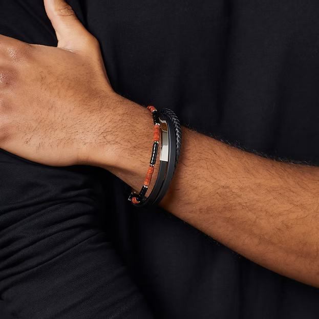 Fred Bennett Men's Red Jasper and Onyx Multi- Layer Leather Bracelet