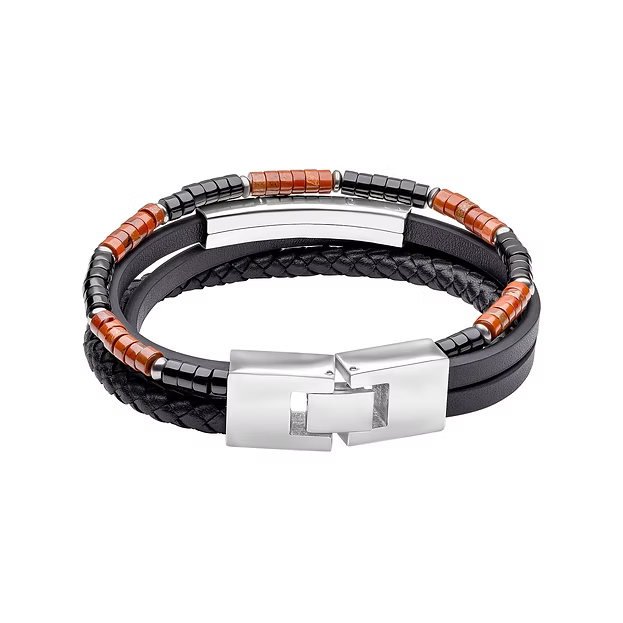 Fred Bennett Men's Red Jasper and Onyx Multi- Layer Leather Bracelet