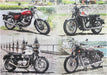 A collage of four vintage Royal Enfield motorcycles shown in different colors and settings. The motorcycles include red, silver, white, and black models, each photographed outdoors on cobblestone streets or near water with scenic backgrounds.