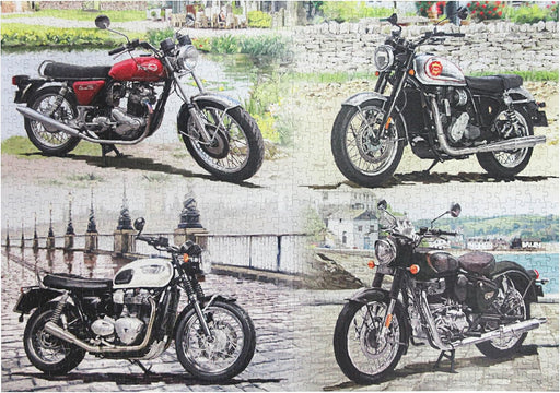 A collage of four vintage Royal Enfield motorcycles shown in different colors and settings. The motorcycles include red, silver, white, and black models, each photographed outdoors on cobblestone streets or near water with scenic backgrounds.