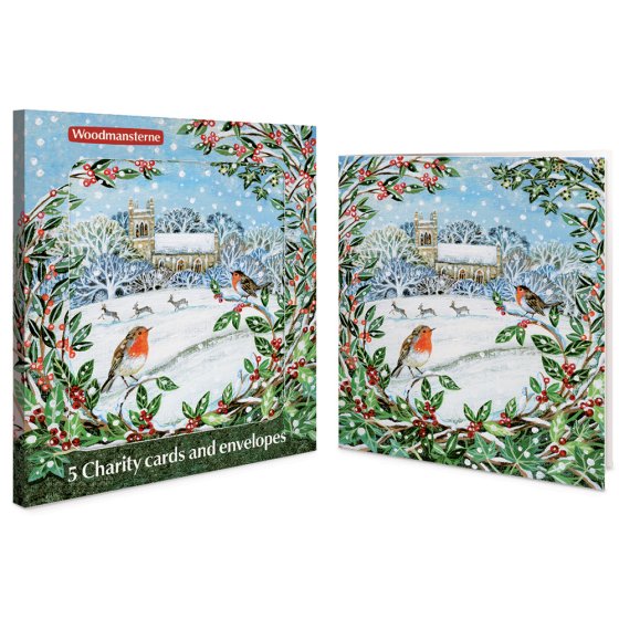 Woodmansterne 'Church And Robins' Christmas 5 Card Box