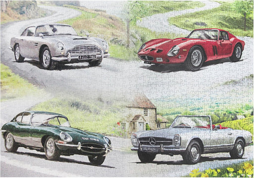 A jigsaw puzzle featuring four classic sports cars painted in a watercolor style on a scenic road landscape with grassy hills and a small house.