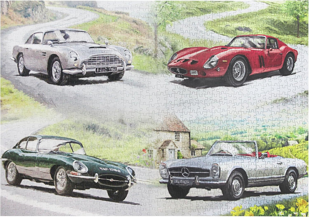 A jigsaw puzzle featuring four classic sports cars painted in a watercolor style on a scenic road landscape with grassy hills and a small house.