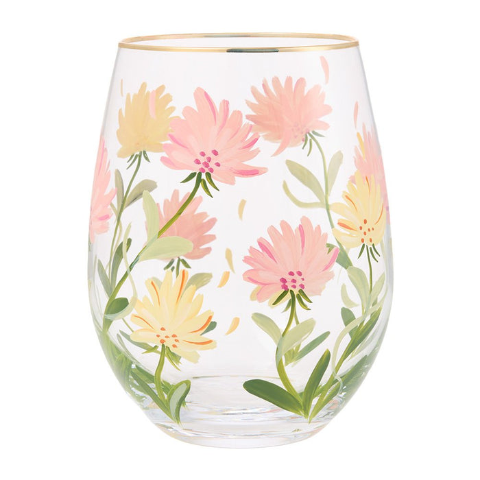 Pink Flower Wine Stemless Glass