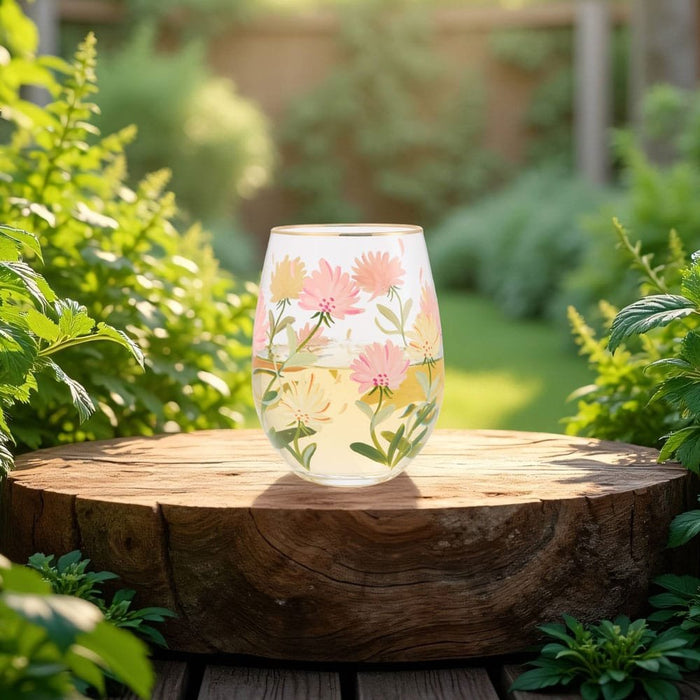 Pink Flower Wine Stemless Glass