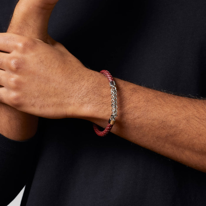 Fred Bennett Burgundy Leather and Stainless Steel Chain Detail Bracelet