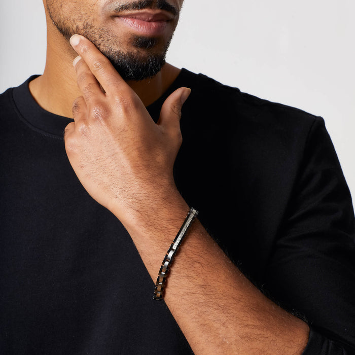 Fred Bennett Stainless Steel and Ceramic Link Bracelet with Black CZ Detail