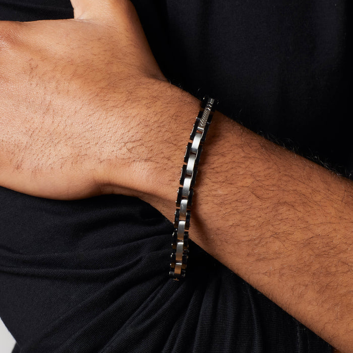 Fred Bennett Stainless Steel and Ceramic Link Bracelet with Black CZ Detail
