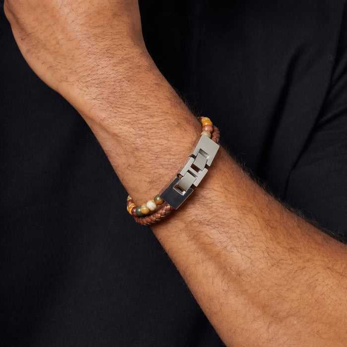 Fred Bennett Brown Leather and Red Turquoise Bracelet