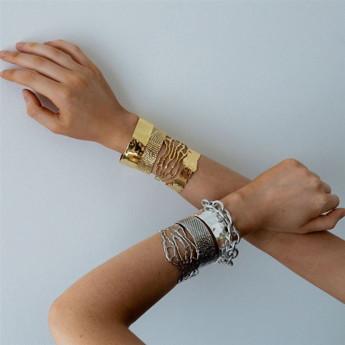 White Leaf Misshape Twisted Branches Cuff 14kt Gold Plate