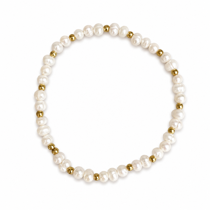 White Leaf Pearl And Gold Ball Stretch Bracelet