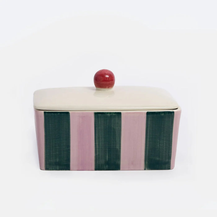 Caroline Gardner Pink & Dark Green Stripe Butter Dish