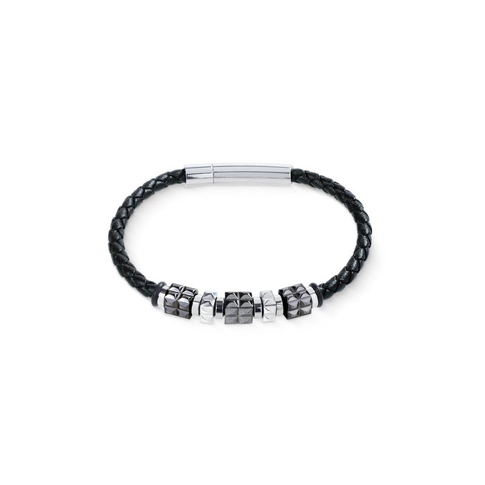 Coeur De Lion Black Leather Bracelet with Gun Metal Stainless Steel Spikes Cubes