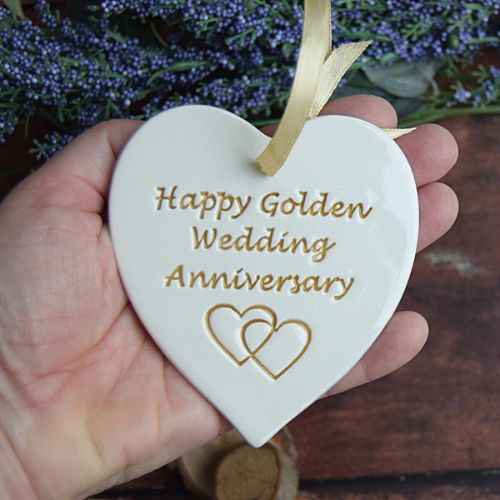 Broadlands Pottery Golden Wedding Anniversary Medium Hanging Heart