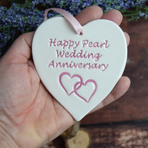 Broadlands Pottery Pearl Wedding Anniversary Medium Hanging Heart