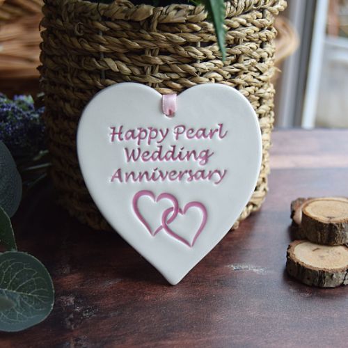 Broadlands Pottery Pearl Wedding Anniversary Medium Hanging Heart