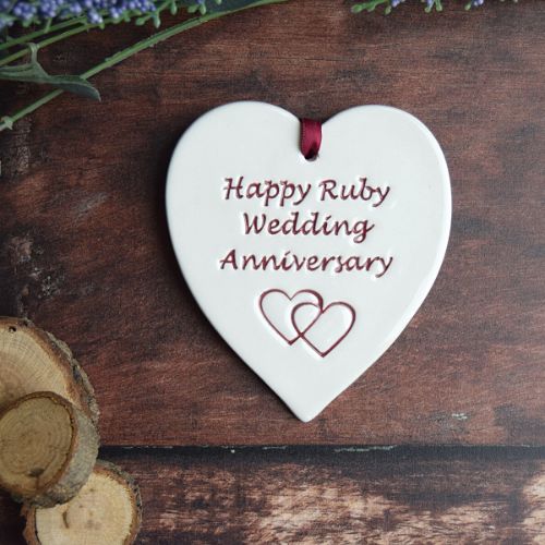 Broadlands Pottery Ruby Wedding Anniversary Medium Hanging Heart