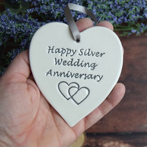 Broadlands Pottery Silver Wedding Anniversary Medium Hanging Heart