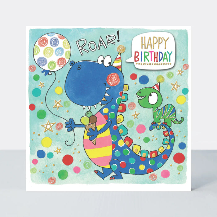 Rachel Ellen Birthday Card - Dinosaurs with balloon