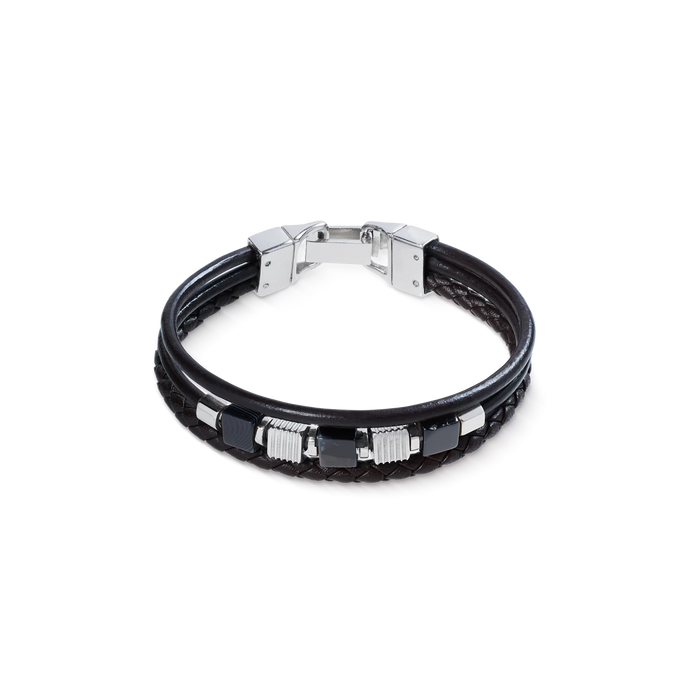 Coeur De Lion Black Leather Bracelet 3-Strand with Banded Onyx and Graphic Relief Stainless Steel Cubes