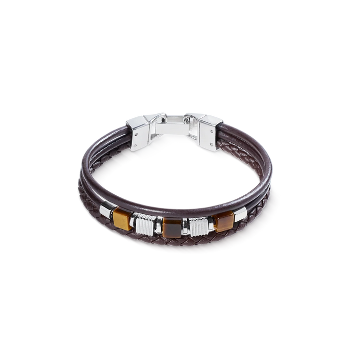 Coeur De Lion Brown Leather Bracelet 3-Strand with Tiger’s Eye and Graphic Relief Stainless Steel Cubes